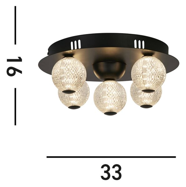 LED stropna svetilka Asteroid, črna Ø 33 cm jeklo/akril 5 luči