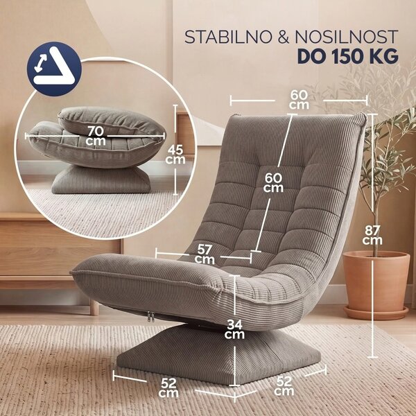 Ležalnik ABERDEEN CORD, rebrast prevleka, 87×60×105 cm, sivorjava Casaria