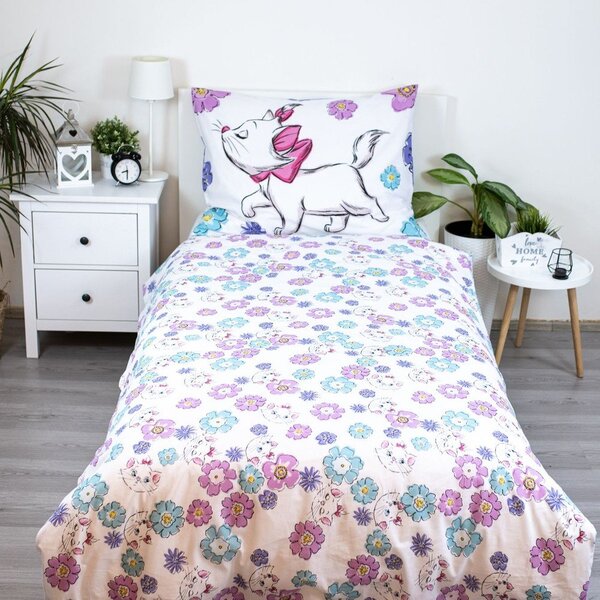 Bela enojna bombažna otroška posteljnina 140x200 cm Marie Cat "Floral" – Jerry Fabrics