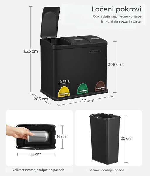 Koš za ločevanje odpadkov SORT 24l (3x8l), črna SongmicsHome