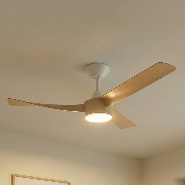 Lucande LED stropni ventilator Airona, bel/les, DC, tiho delovanje, z možnostjo, zatemnjen, Les, Dnevna soba / jedilnica, Plastika, Sodobni