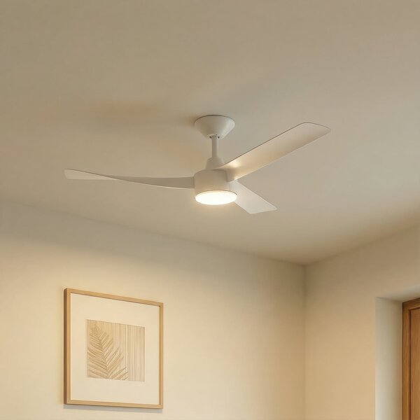 Lucande LED stropni ventilator Airona, bel, DC, tiho delovanje, z možnostjo, zatemnjen, Bela, Dnevna soba / jedilnica, Plastika, Sodobni