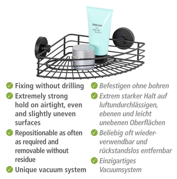 Črna kotna polica za kopalnico Wenko Vacuum-Loc® Bari