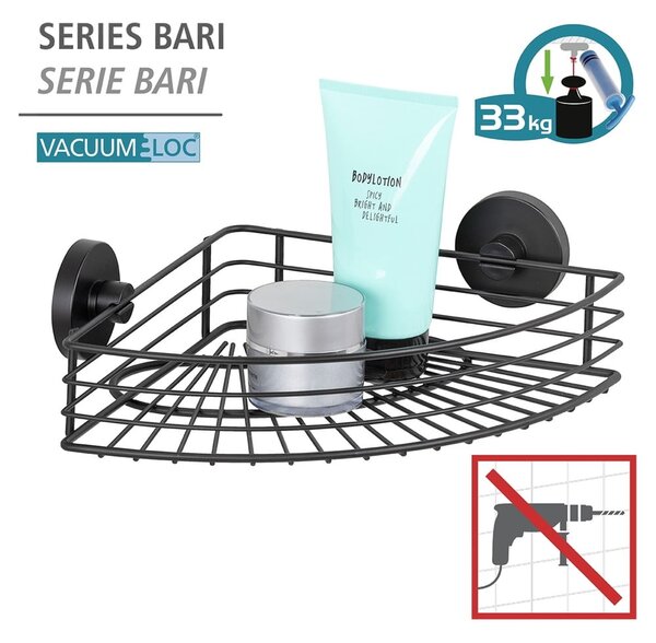 Črna kotna polica za kopalnico Wenko Vacuum-Loc® Bari