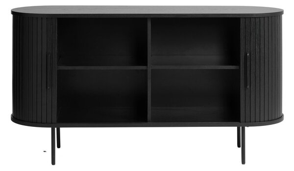 Črna nizka komoda v hrastovem dekorju z drsnimi vrati 140x76 cm Nola – Unique Furniture