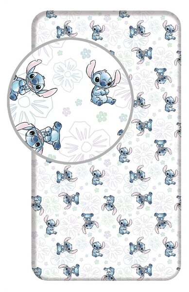 Bela napenjalna enojna bombažna otroška rjuha 90x200 cm Lilo and Stitch "Ohana White" – Jerry Fabrics