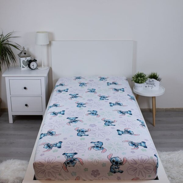 Bela napenjalna enojna bombažna otroška rjuha 90x200 cm Lilo and Stitch "Ohana White" – Jerry Fabrics