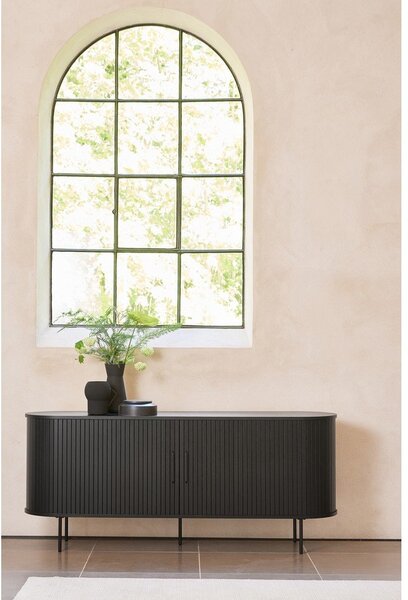 Črna nizka komoda v hrastovem dekorju z drsnimi vrati 76x180 cm Nola – Unique Furniture