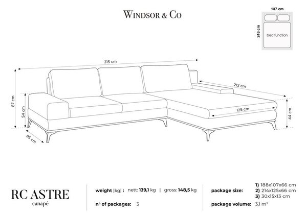 Svetlo siva Windsor & Co Sofas Planet raztegljiv kavč, desni kot