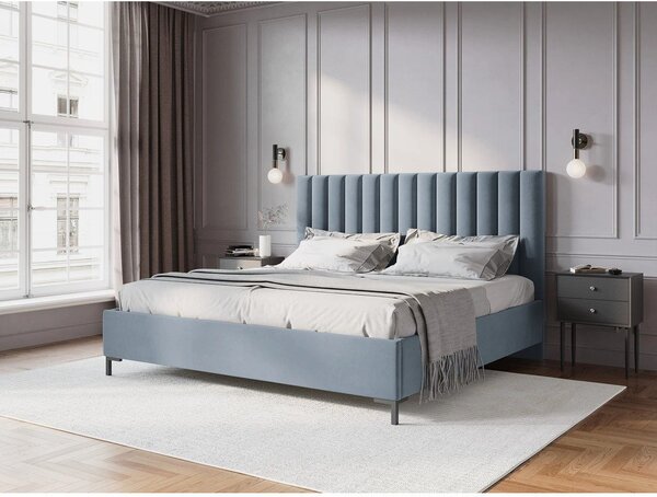 Svetlo modra oblazinjena zakonska postelja s prostorom za shranjevanje z letvenim dnom 160x200 cm Casey – Mazzini Beds