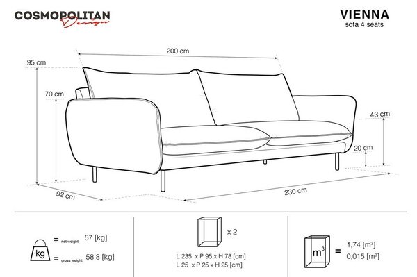 Bež zofa Cosmopolitan Design Vienna, 230 cm