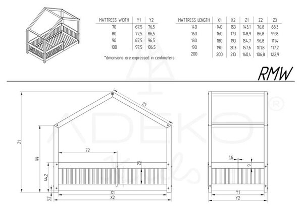 Otroška postelja iz masivnega bora v obliki hiške 90x180 cm Mila RMW – Adeko