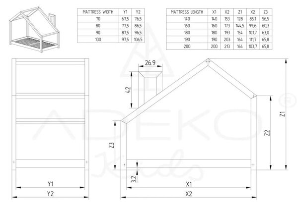 Postelja v obliki hiše iz borovega lesa Adeko Mila DMS, 120 x 200 cm