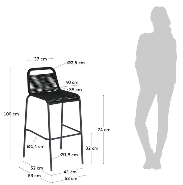 Črn barski stol z jekleno konstrukcijo Kave Home Glenville, višina 74 cm