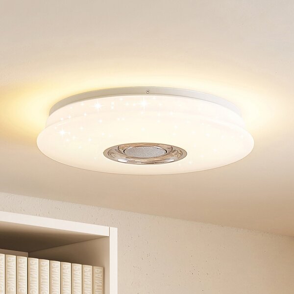Lindby LED stropna svetilka Elpida, zvočnik, bela, Ø 39cm, zatemnjen, Bela, Dnevna soba / jedilnica, Plastika, Sodobni