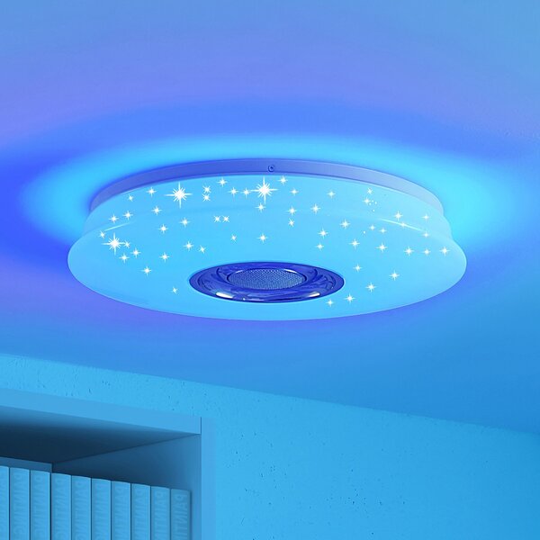 Lindby LED stropna svetilka Elpida, zvočnik, bela, Ø 39cm, zatemnjen, Bela, Dnevna soba / jedilnica, Plastika, Sodobni