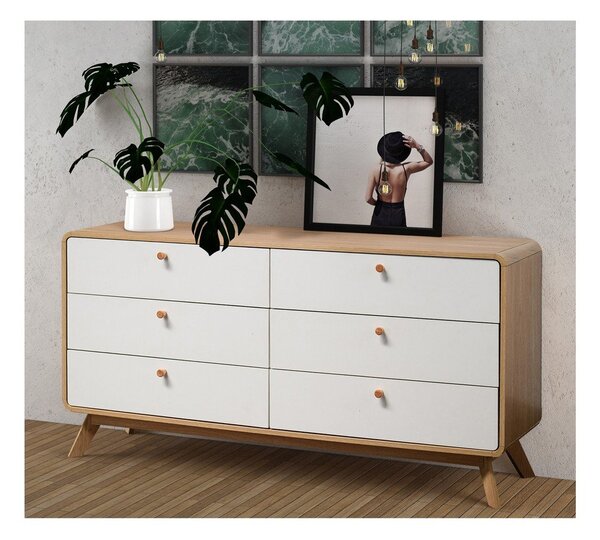 Bela nizka komoda v hrastovem dekorju 150x74 cm Caitlin – Støraa