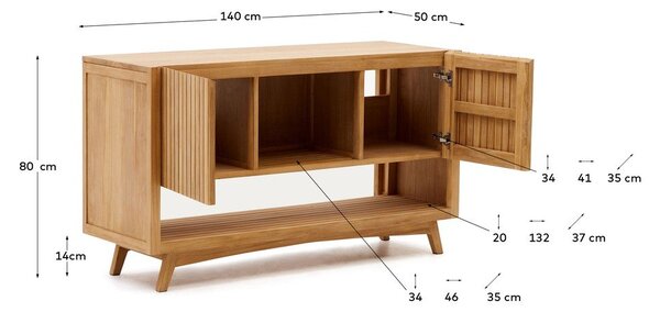 Nizka omarica za pod umivalnik iz masivnega tika 140x80 cm Kuveni – Kave Home