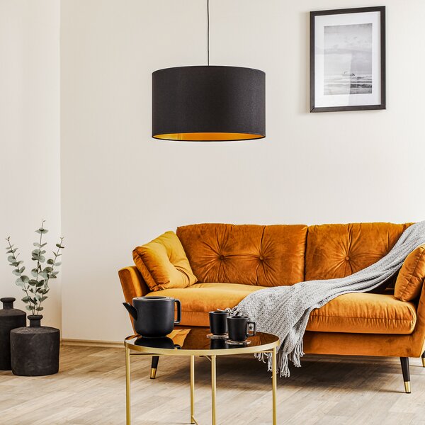 Euluna Roller viseča svetilka, črna/zlata, Ø 45 cm, zatemnjen, Črna, Dnevna soba / jedilnica, Tkanine / tekstil, Sodobni