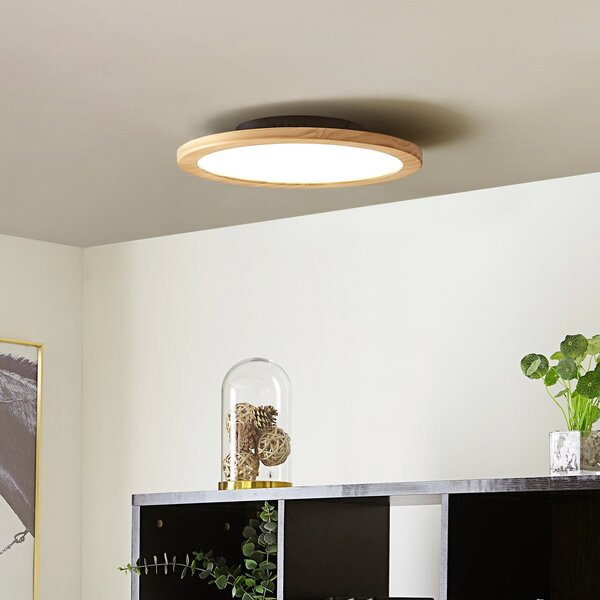 Lucande LED stropna svetilka Joren, Ø 38 cm, les, CCT, daljinski, zatemnjen, Les, Dnevna soba / jedilnica, Les, Podeželska hiša / Rustikalna