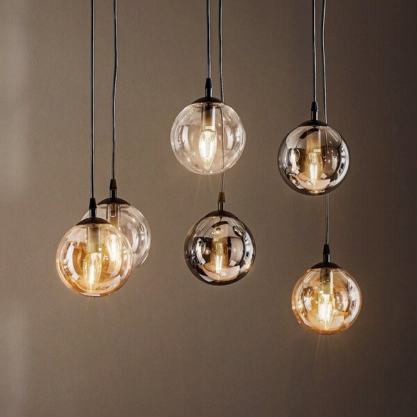 EMIBIG LIGHTING Obesna svetilka Glassy, 6-krilna, grafit/jantar/prozorna, steklo, 75 cm, zatemnjen, Črna, Dnevna soba / jedilnica, Steklo, Sodobni