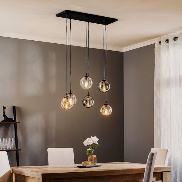 EMIBIG LIGHTING Obesna svetilka Glassy, 6-krilna, grafit/jantar/prozorna, steklo, 75 cm, zatemnjen, Črna, Dnevna soba / jedilnica, Steklo, Sodobni