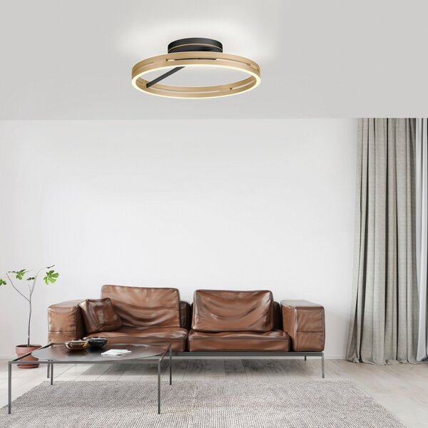 PURE LED stropna svetilka Loop medenina/črna kovina Ø 60 cm CCT, zatemnjen, Zlata / medeninasta, Dnevna soba / jedilnica, Aluminij, Sodobni, Okrogli neposredni strop
