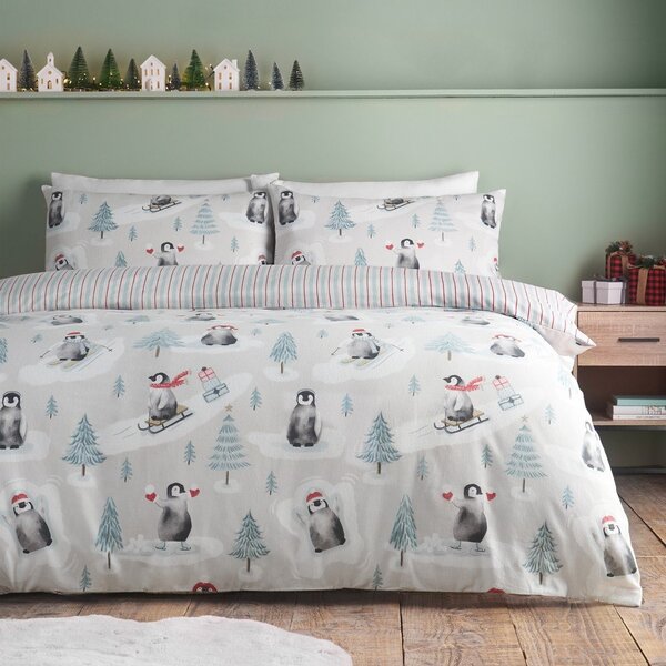 Enojna flanelna posteljnina v naravni barvi 135x200 cm Brushed Christmas Penguins – Catherine Lansfield