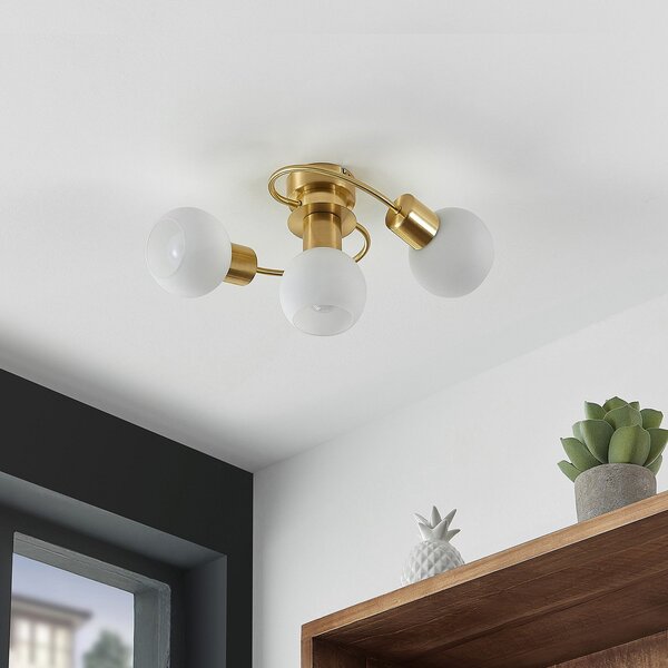 Lindby Stropna svetilka Ciala, 3-svetlobna, medeninaste barve, steklo, zatemnjen, Zlata / medeninasta, Dnevna soba / jedilnica, Steklo, Sodobni, Globus