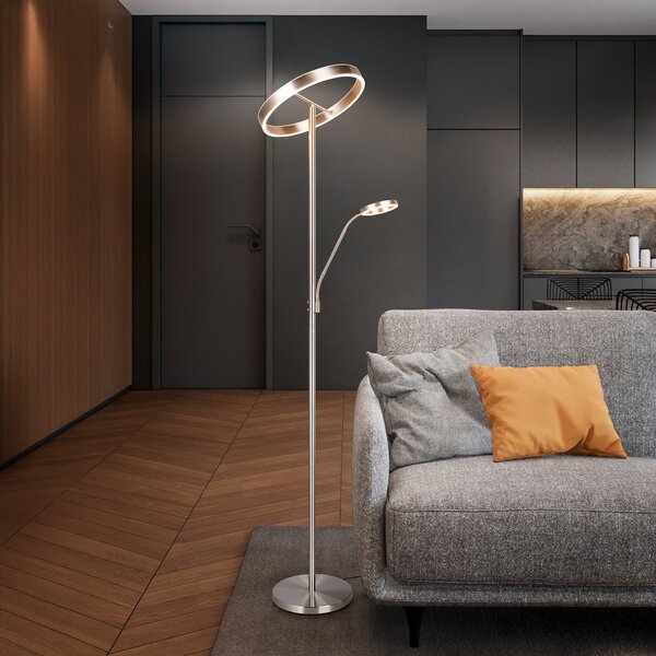 Trio Lighting Talna svetilka LED Willis, nikelj, višina 180 cm, kovinski zatemnilnik CCT, zatemnjen, Kovinska, Dnevna soba / jedilnica, Kovina, Sodobni, Svetilka za branje