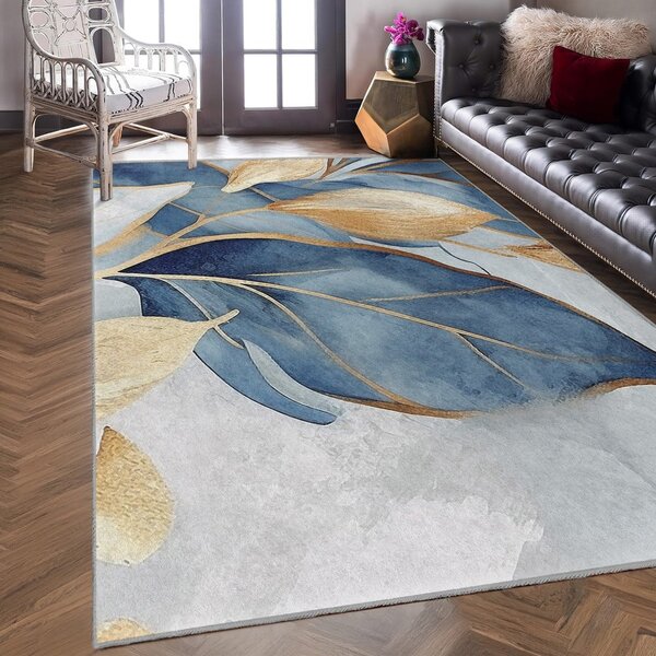 Modra/zlata pralna preproga 120x180 cm Golden Leaves – Mila Home