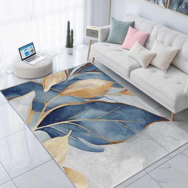 Modra/zlata pralna preproga 120x180 cm Golden Leaves – Mila Home
