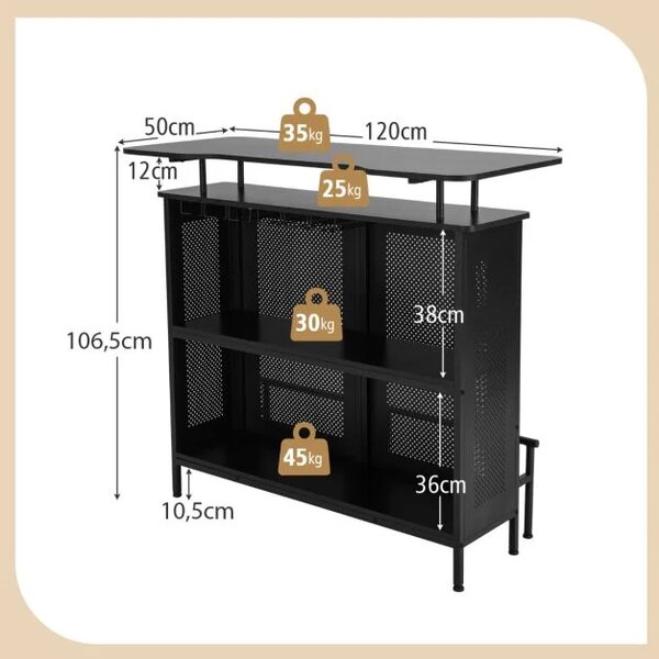 Kuhinjska barska miza z 2 stojaloma in 6 držali za kozarce, dim.120 x 50 x 106,5 cm