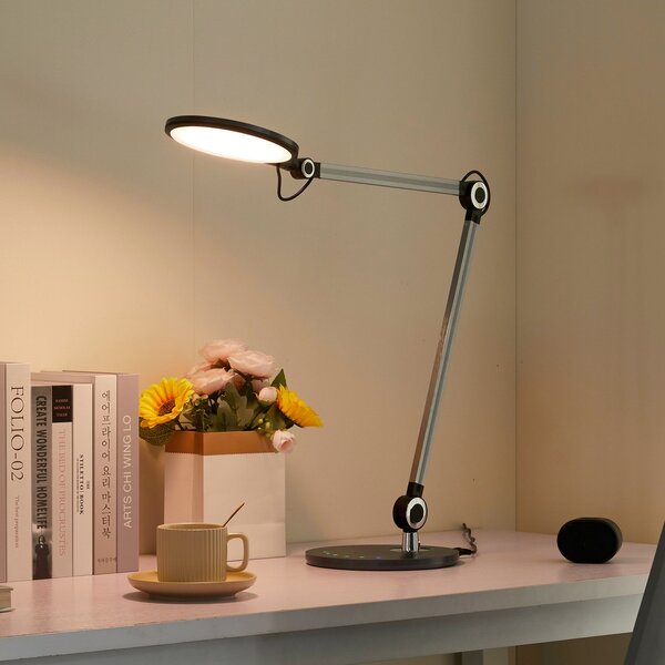 Lindby LED namizna svetilka Nyxaris, siva, kovina, CCT, 50 cm, zatemnjen, Siva, Študija / pisarna, Plastika, Sodobni