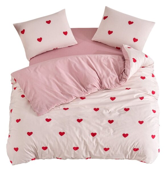 Rožnata 4-delna podaljšana posteljnina za zakonsko posteljo z rjuho 200x220 cm Red Heart – Mila Home