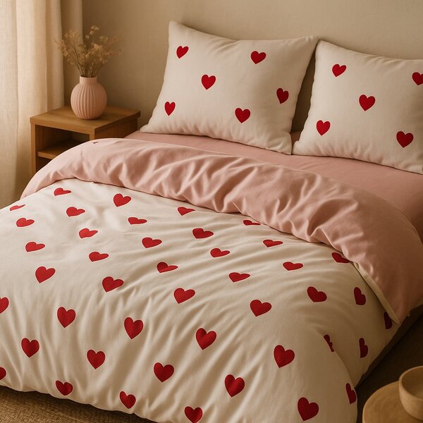 Rožnata 4-delna podaljšana posteljnina za zakonsko posteljo z rjuho 200x220 cm Red Heart – Mila Home