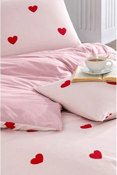 Rožnata 4-delna podaljšana posteljnina za zakonsko posteljo z rjuho 200x220 cm Red Heart – Mila Home