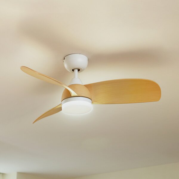 Lindby Stropni ventilator LED Enon, bela/drevesna barva, enosmerni tok,, zatemnjen, Bela, Dnevna soba / jedilnica, Kovina, Sodobni