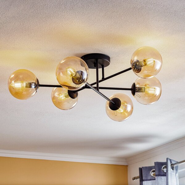 EMIBIG LIGHTING Stropna svetilka Glassy, črna, jantar, steklo, 6-žarnična, E14, zatemnjen, Črna, Dnevna soba / jedilnica, Kovina, Sodobni