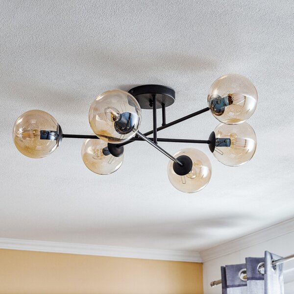 EMIBIG LIGHTING Stropna svetilka Glassy, črna, jantar, steklo, 6-žarnična, E14, zatemnjen, Črna, Dnevna soba / jedilnica, Kovina, Sodobni