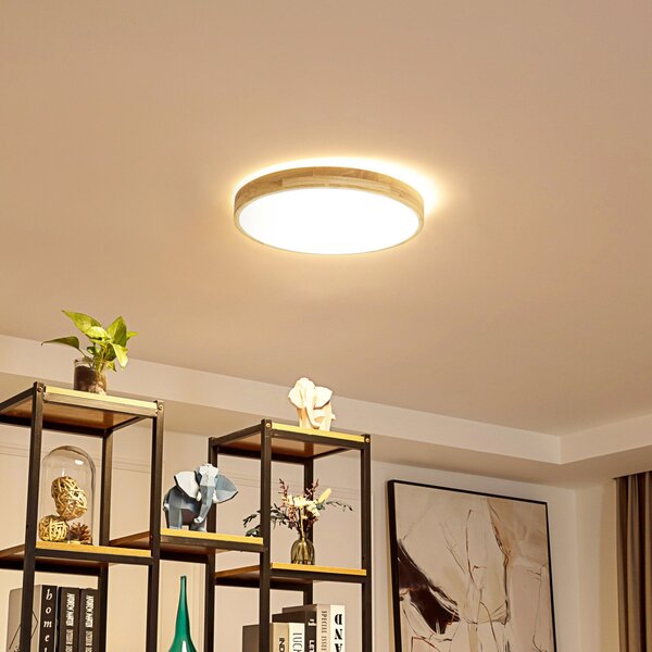 Lindby Smart LED stropna svetilka Innes wood Ø39cm RGB CCT Tuya, zatemnjen, Les, Dnevna soba / jedilnica, Les, Sodobni
