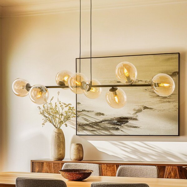 EMIBIG LIGHTING Obesna svetilka Glassy, 8-svetilna, črna, jantar, steklo, E14, zatemnjen, Črna, Dnevna soba / jedilnica, Kovina, Sodobni