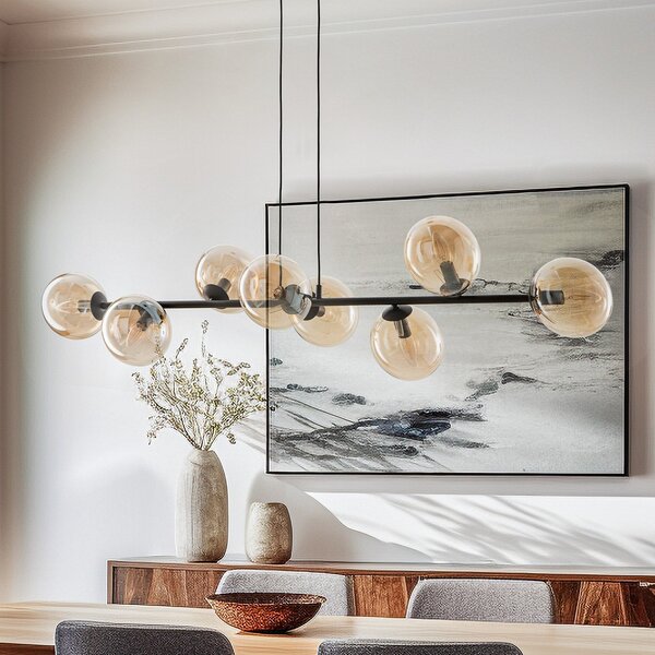 EMIBIG LIGHTING Obesna svetilka Glassy, 8-svetilna, črna, jantar, steklo, E14, zatemnjen, Črna, Dnevna soba / jedilnica, Kovina, Sodobni