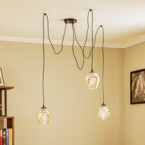 EMIBIG LIGHTING Stropna svetilka Starla, steklo jantar, 3-svetilna, decentralizirana, zatemnjen, Črna, Dnevna soba / jedilnica, Kovina, Sodobni