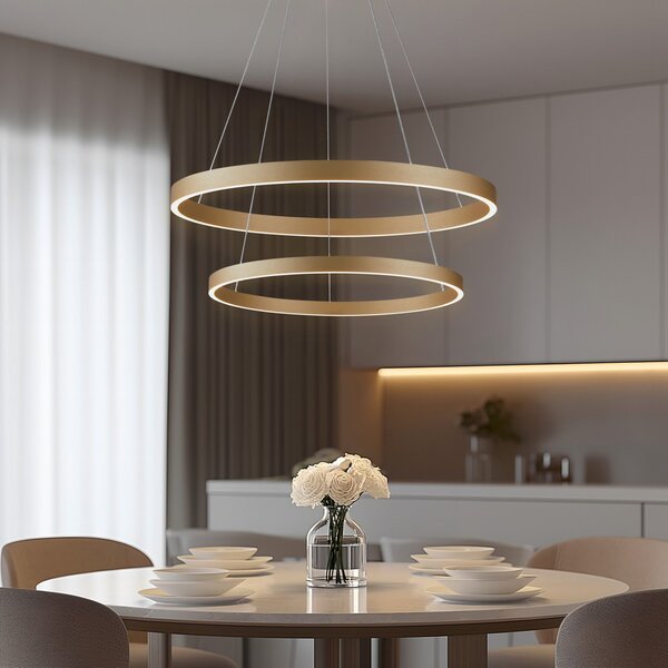 Lucande Smart LED viseče svetilo Yonam, zlato, 2 luči, Tuya, zatemnjen, Zlata / medeninasta, Dnevna soba / jedilnica, Aluminij, Sodobni