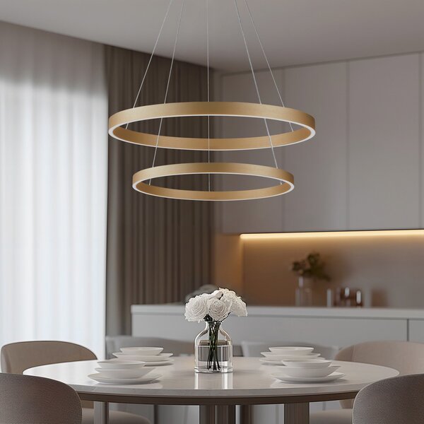 Lucande Smart LED viseče svetilo Yonam, zlato, 2 luči, Tuya, zatemnjen, Zlata / medeninasta, Dnevna soba / jedilnica, Aluminij, Sodobni