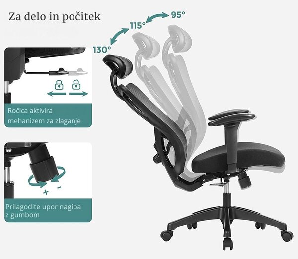 Pisarniški stol z naslonom za glavo MAGNUS, max. 150 kg, črna SongmicsHome