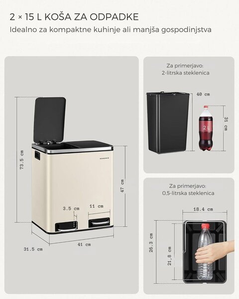 Koš za ločevanje odpadkov SORT 30l (2×15l), bež/srebrna/črna SongmicsHome