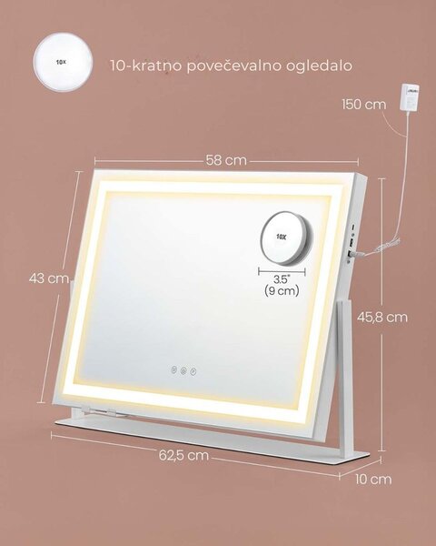 Kozmetično ogledalo DAHLIA z LED osvetlitvijo, 10x62,5x45,8 cm, bela SongmicsHome