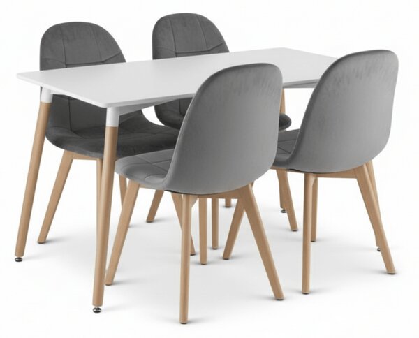 Jedilni set 1 + 4, bela miza ADRIA 120x80 cm + temno sivi žametni stol BORA